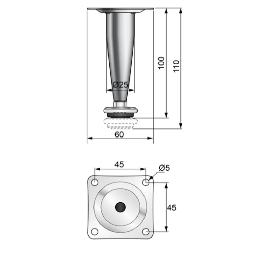 Kónická noha nábytku H100mm - saténová