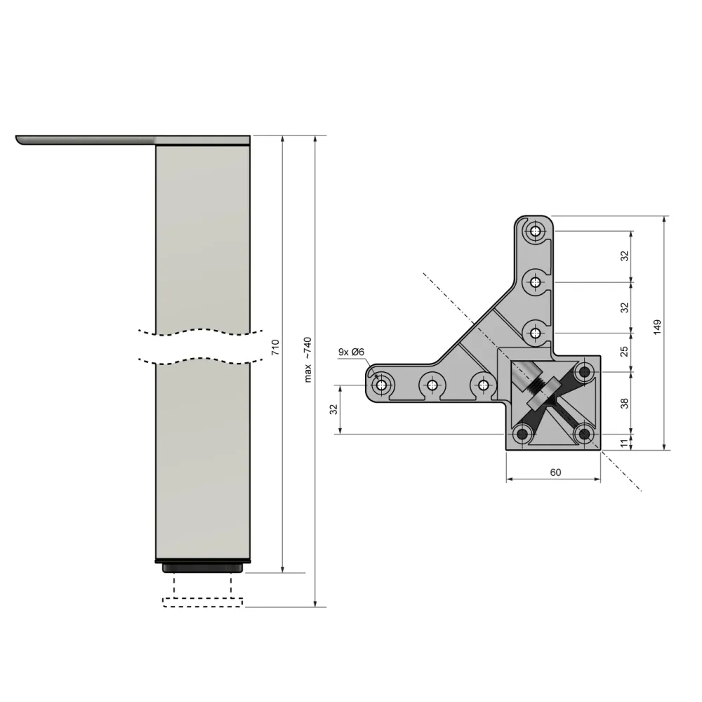 Čtvercová noha nábytku 710 mm, chrom, montážní deska ZnAl