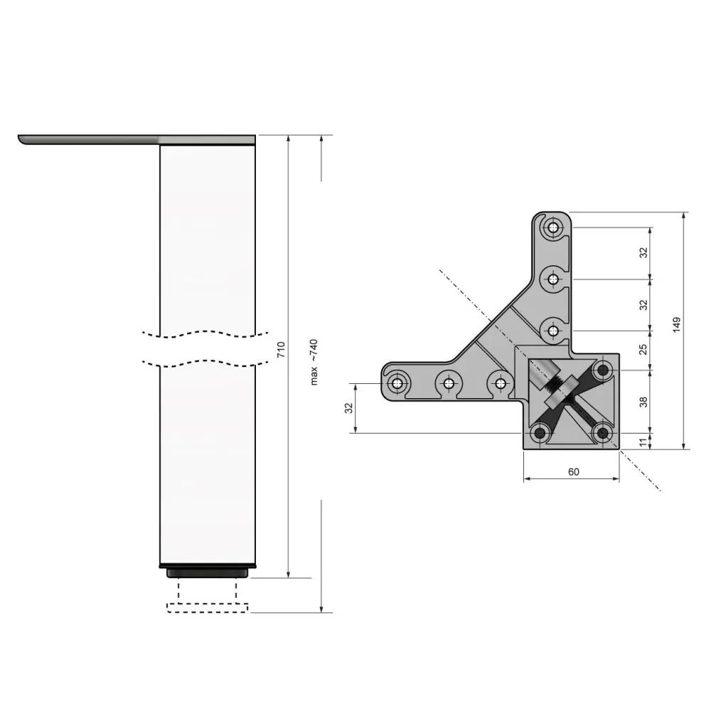 Čtvercová noha nábytku 710 mm, bílá, montážní deska ZnAl