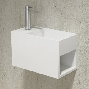 Nástěnné umyvadlo s policí po pravé straně PB2046 - minerální odlitek - 33 × 18 × 20,5 cm - bílá matná