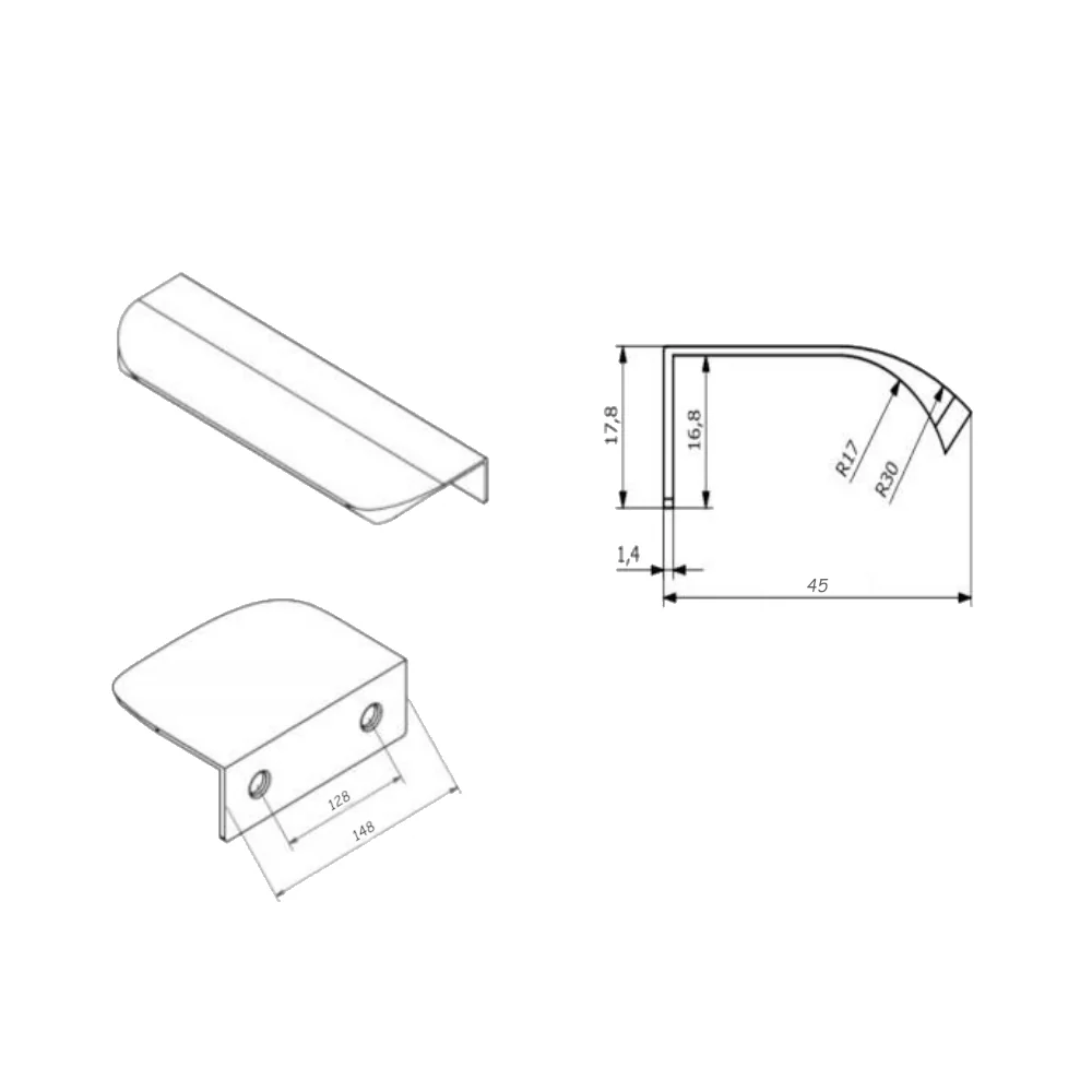 Okrajový úchop s kulatým profilem, délka 128 mm (celková délka 148 mm) - bílá.