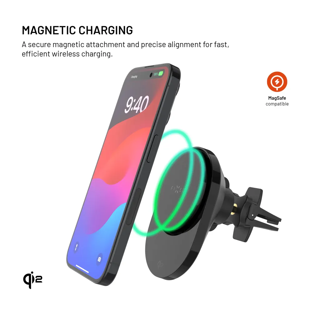 Držák do auta s bezdrátovým nabíjením FIXED MagAir s podporou uchycení MagSafe standardem Qi2, 15W, černý
