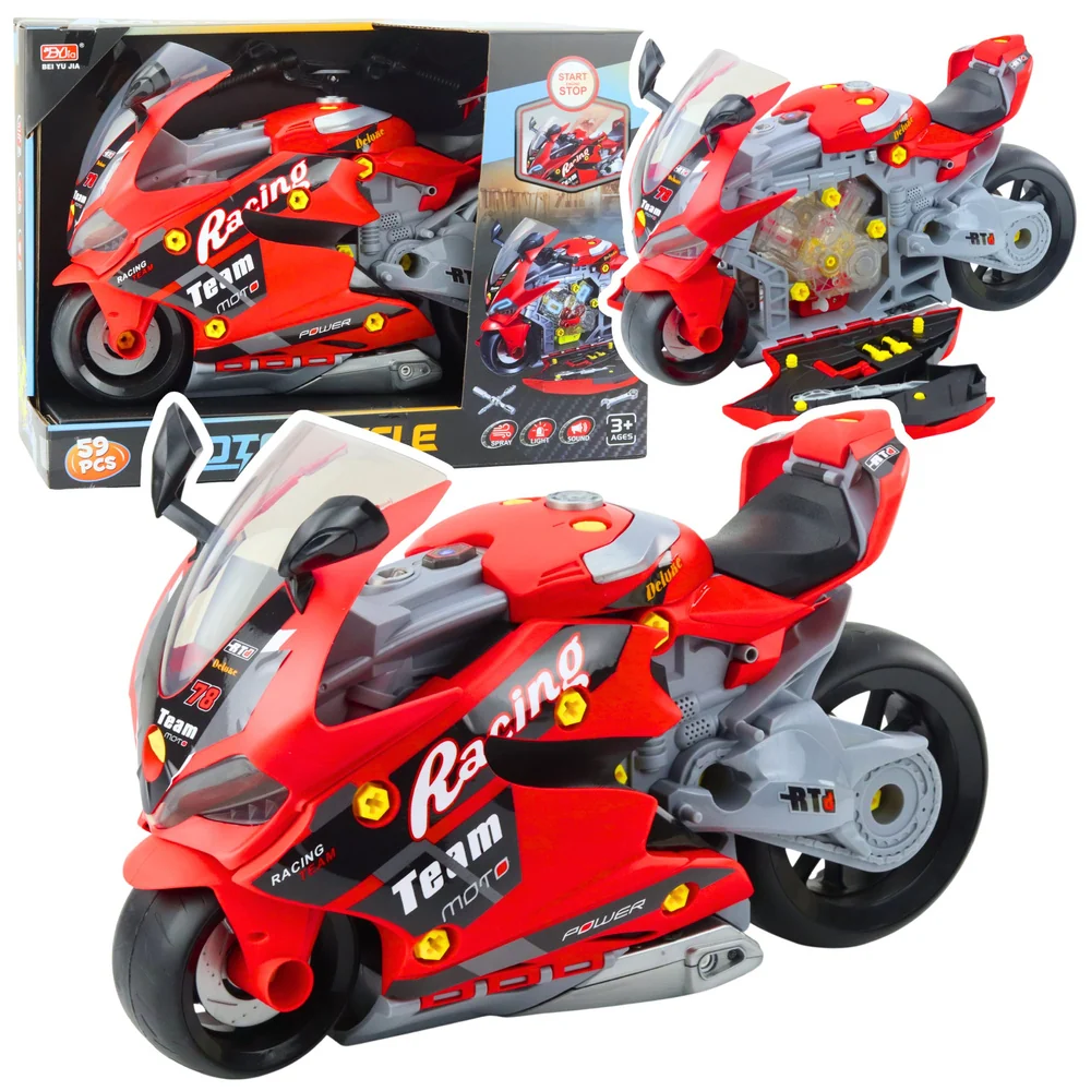 Motorka 2v1 s dílnou, světly, zvuky kouřem – červená 43 cm