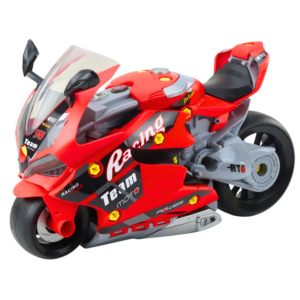 Motorka 2v1 s dílnou, světly, zvuky kouřem – červená 43 cm