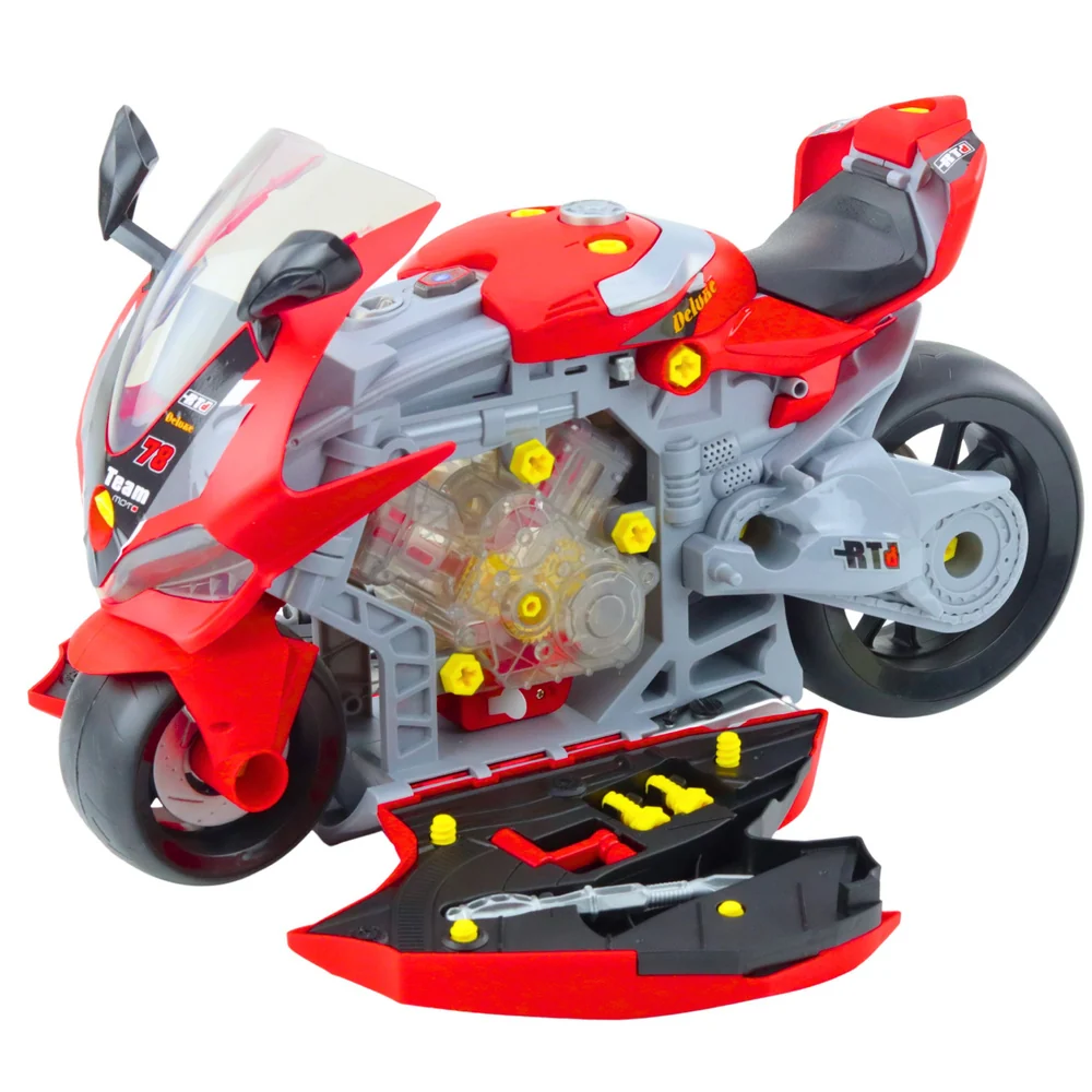 Motorka 2v1 s dílnou, světly, zvuky kouřem – červená 43 cm