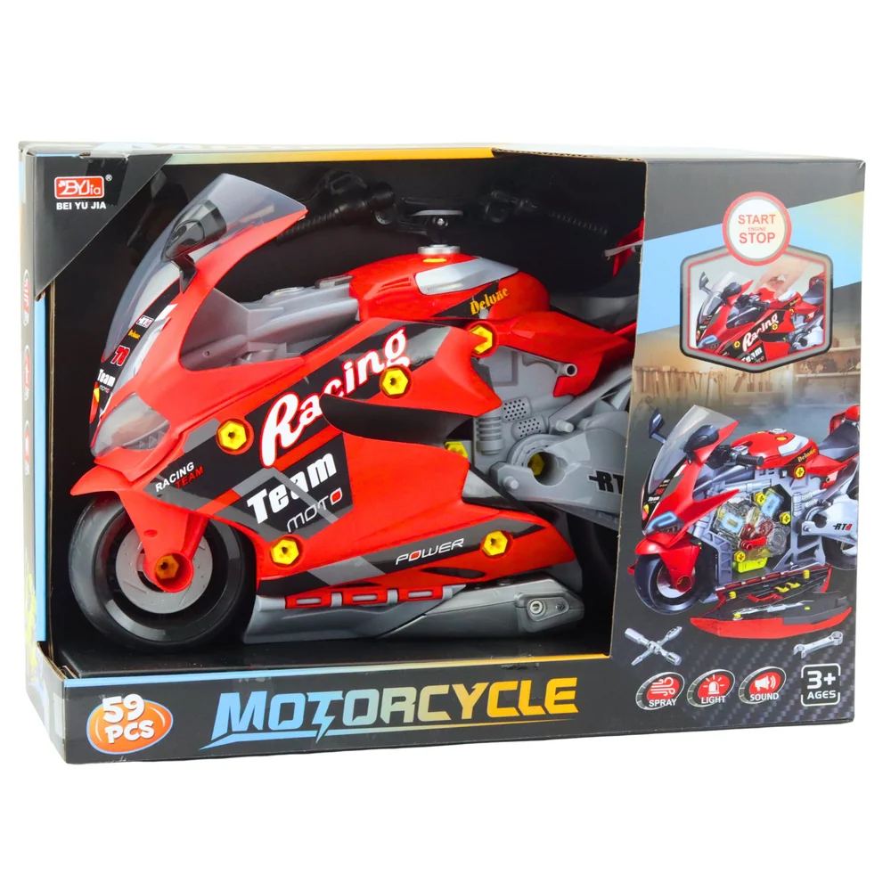 Motorka 2v1 s dílnou, světly, zvuky kouřem – červená 43 cm