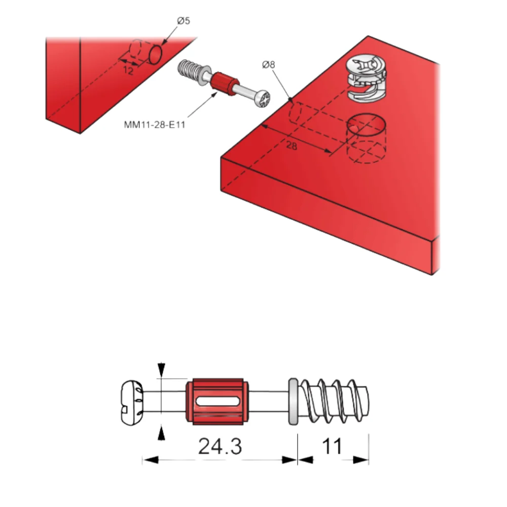 Cam Dowel 28mm s evropským šroubovým závitem - 1 ks