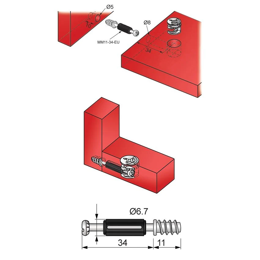 Cam Dowel 34mm s evropským šroubovým závitem - 1000 ks