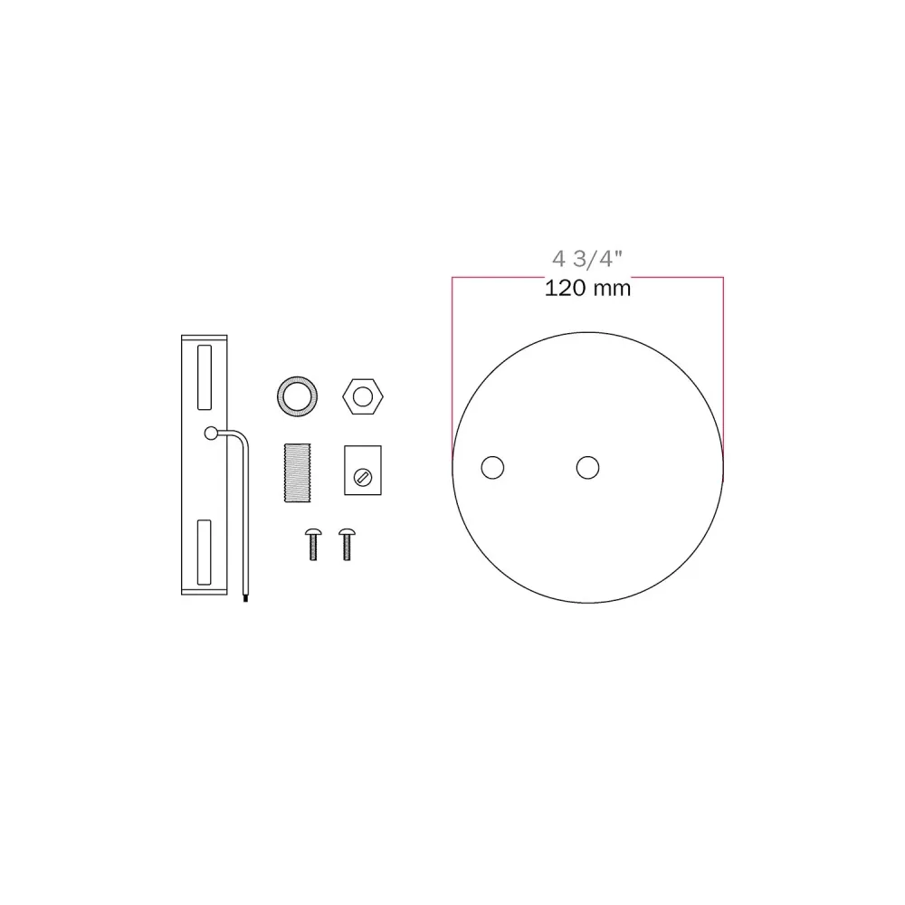 Kit stropní baldachýn válcový z kovu Ø 120 mm se 2 středovými odsazenými otvory – chrom