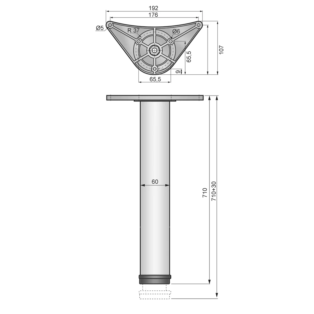 Nastavitelná noha nábytku 710 mm - montážní deska ZnAl - kartáčovaný nikl