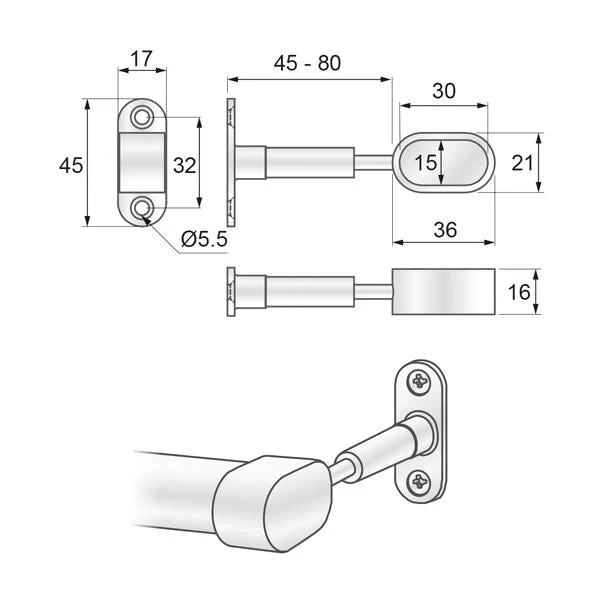 Ovalní koncová držka na tyč 15x30mm, chromovaná