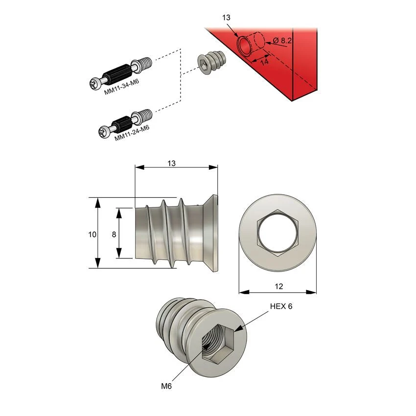 M6 závitový vložka 10x13mm - Zinek 1000 ks