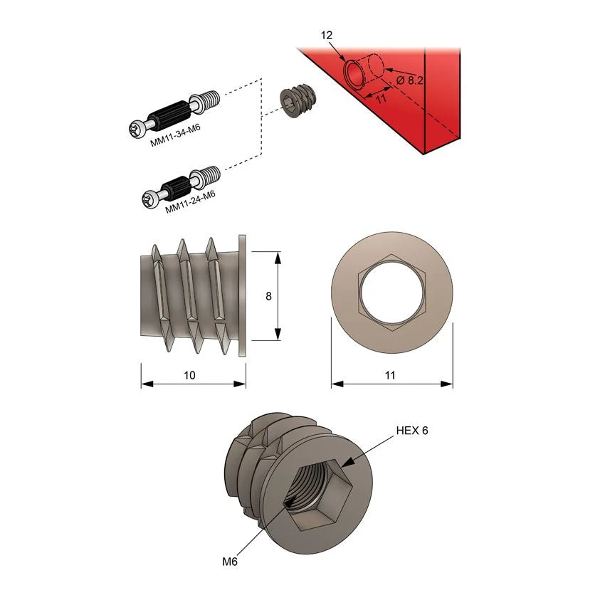 M6 závitový vložka 8x10mm - 1000 ks