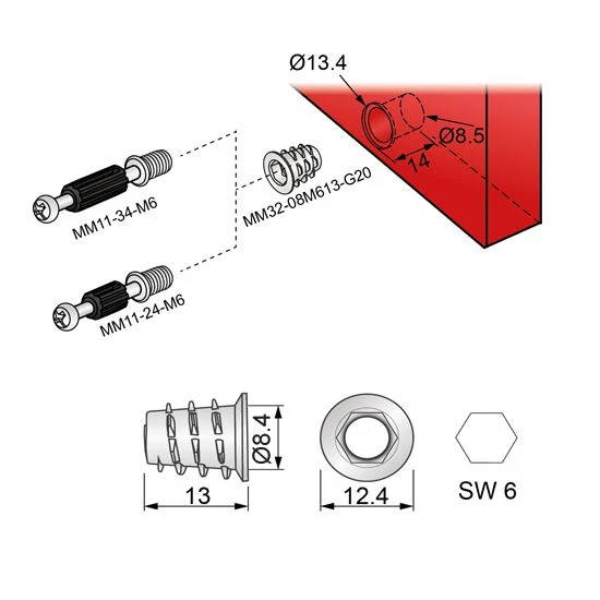 M6 závitový vložka 8x13mm - 1000 ks