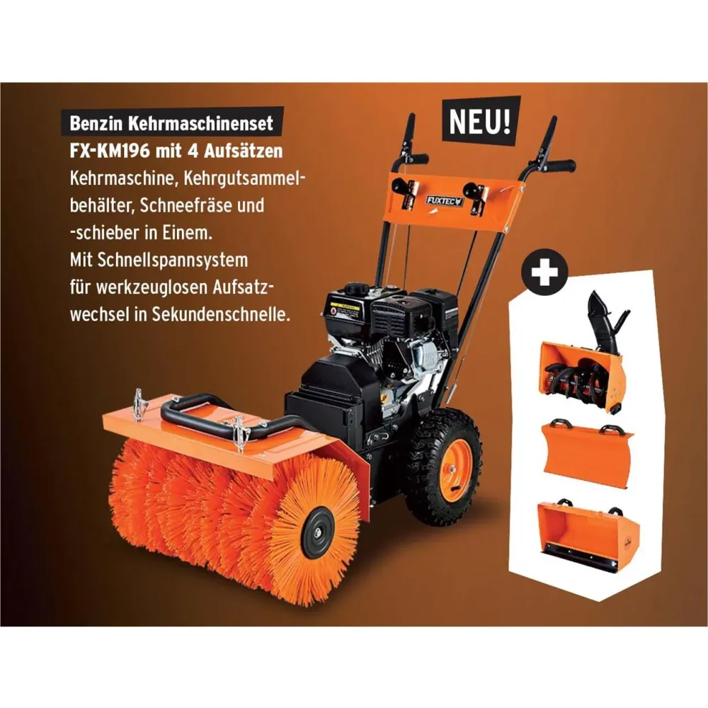Benzínový zametací stroj FUXTEC FX-KM196-SET1 s nástavcem snehové frézy, snehovou radlicí sberacem necistot