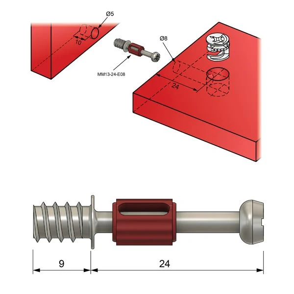 Cam dowel 24mm s evropským šroubovým závitem - 1 ks