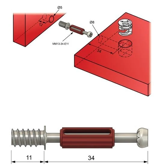 Cam dowel 24mm s evropským šroubovým závitem - 1 ks