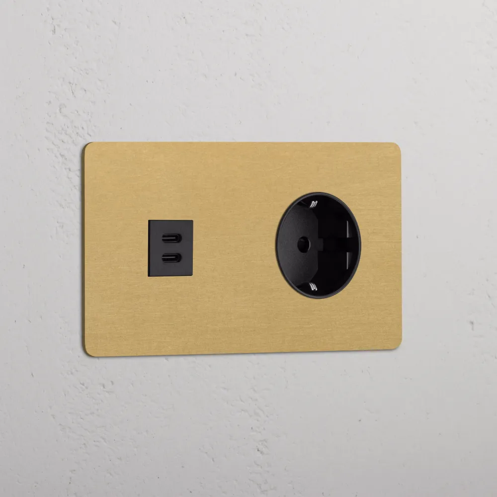 Kew Dvojitá zásuvka USB-C 30 W Schuko typu F - Starožitná mosaz | Černá Regular