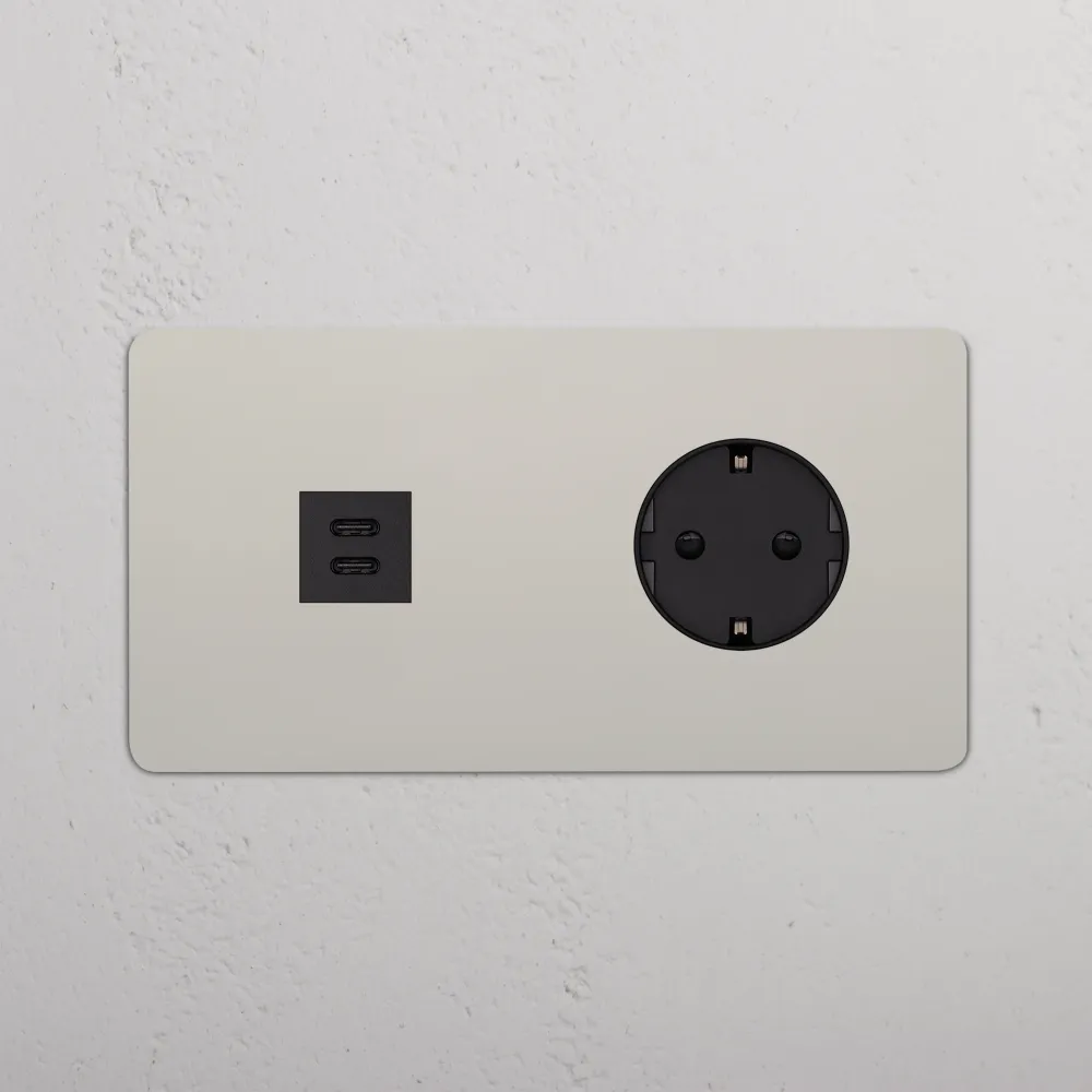 Kew Dvojitá zásuvka USB-C 30 W Schuko typu F - Leštěný nikl | Černý Regular