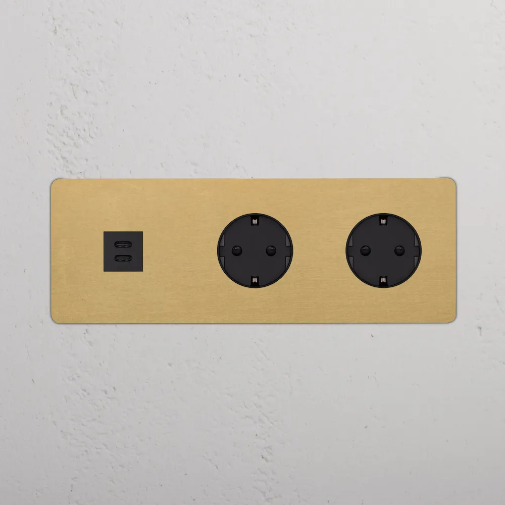 Kew Trojitá zásuvka USB-C 30 W 2x Schuko typu F - Starožitná mosaz | Černá Regular