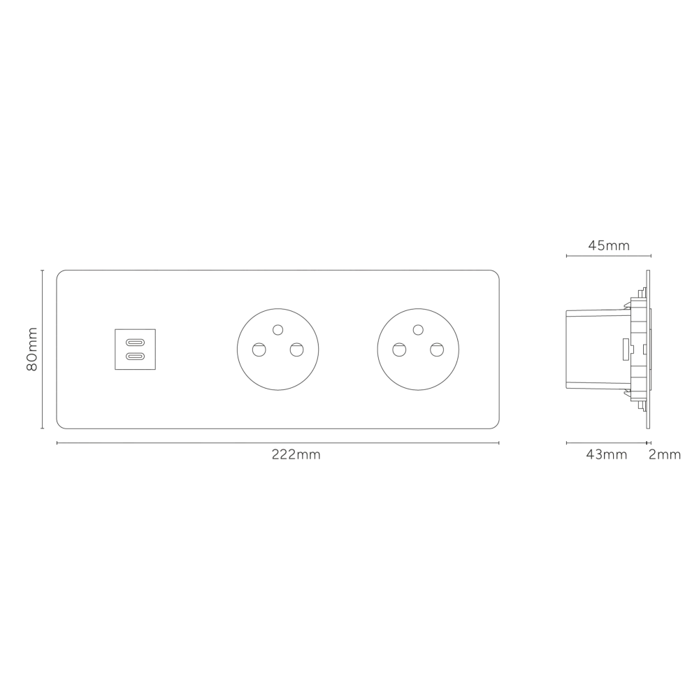 Kew Trojitá zásuvka USB-C 30 W 2x zásuvka francouzského/belgického typu E - Malovatelná | Černá