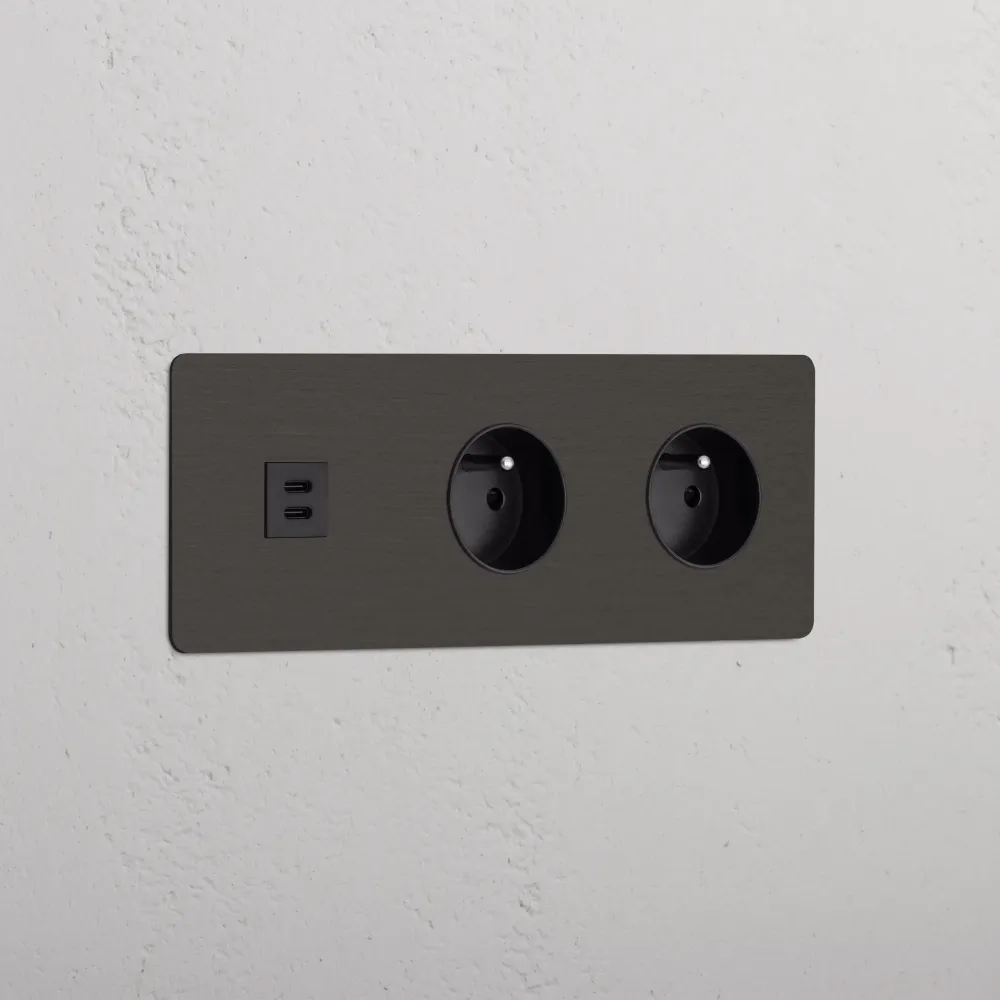 Kew Trojitá zásuvka USB-C 30 W 2x zásuvka francouzského/belgického typu E - Bronz | Černý Regular