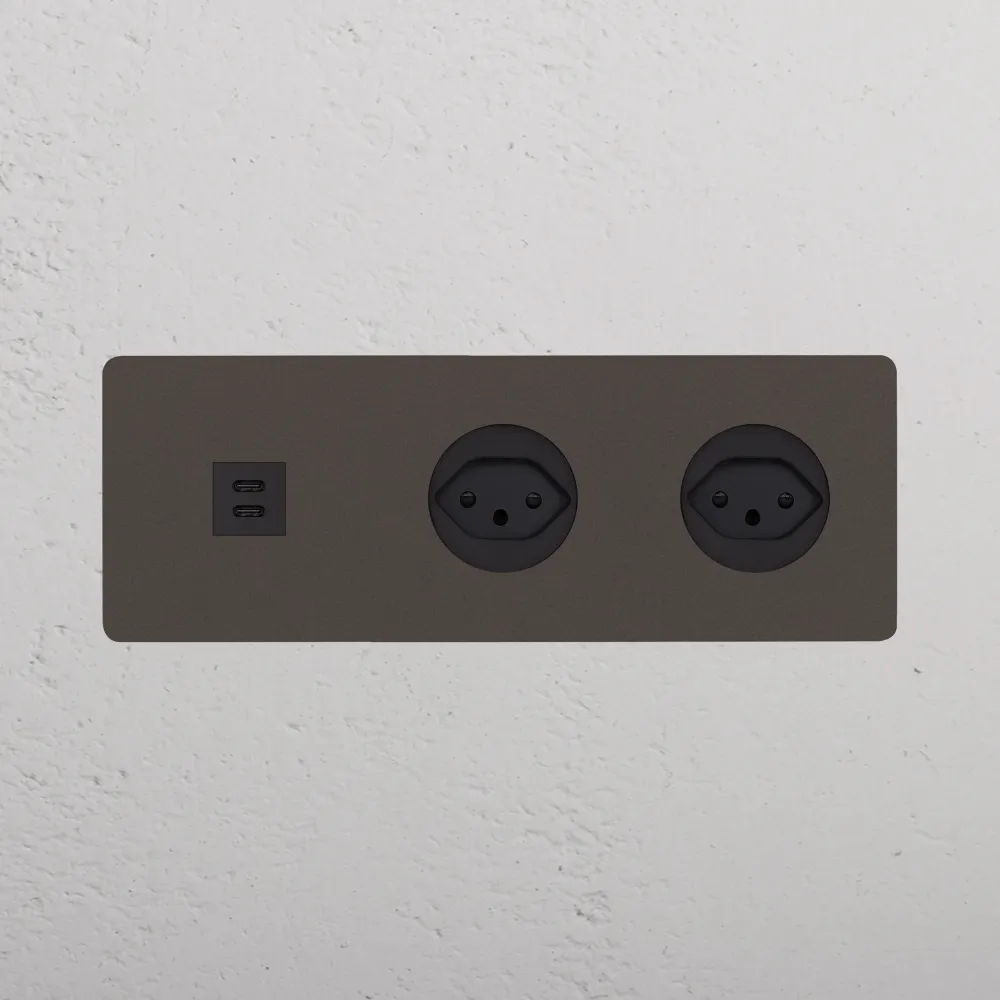 Kew Trojitá zásuvka USB-C 30 W 2 zásuvky typu J (švýcarské) - Bronz | Černý Regular