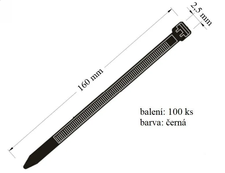 Stahovací páska 2,5x160 mm určena pro svazkování kabelů nosnost 8 kg balení 100 ks černá