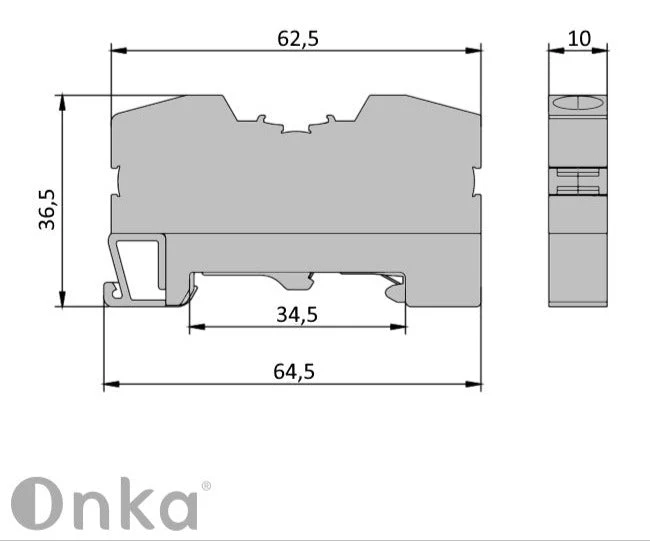 ONKA 10mm2 PE pružinová kolejnicová spojka svorkovnice terminál na DIN lištu 2-vodičová šedá, 1020300