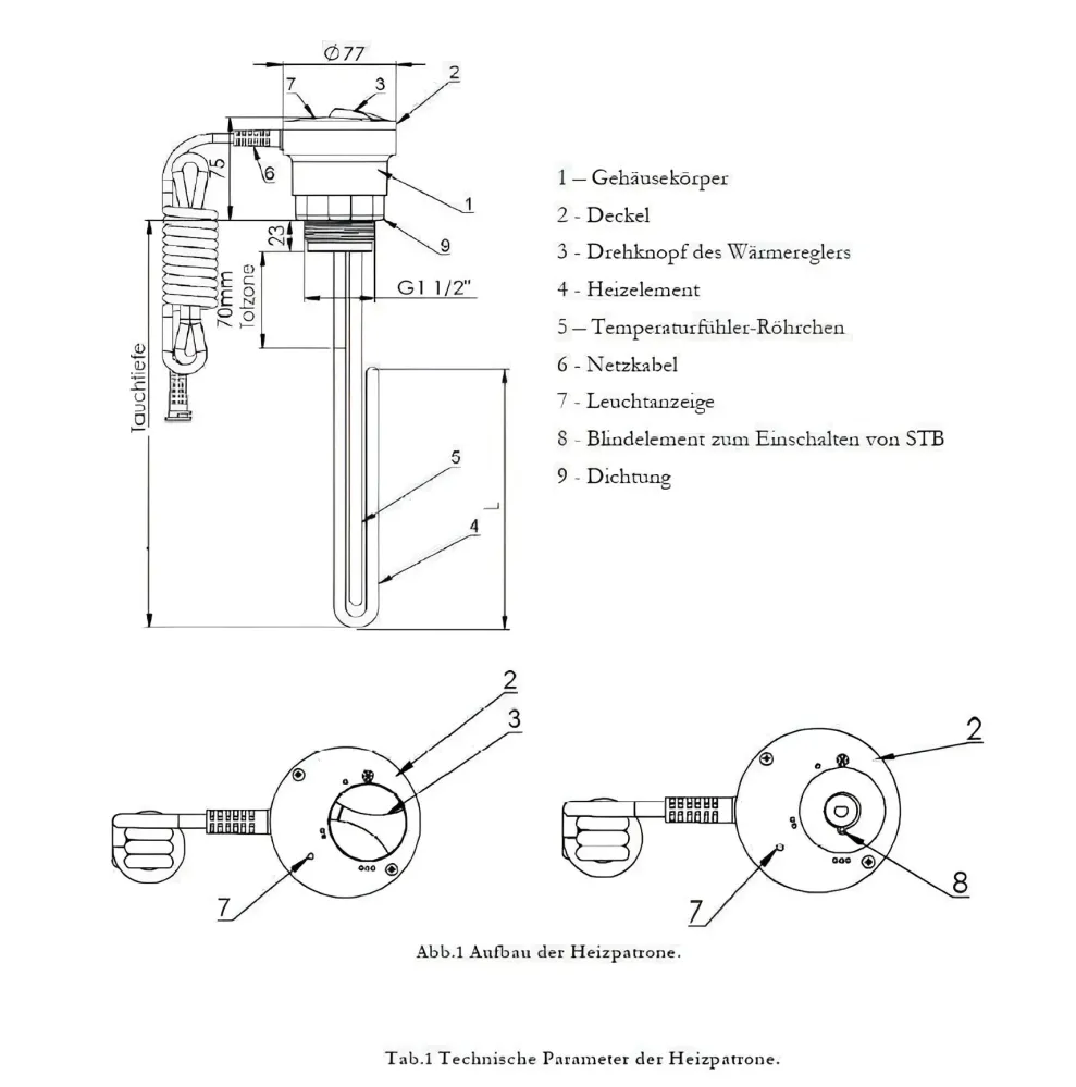 Topná patrona topného tělesa 1,5 kW - 1 ½“ s AG