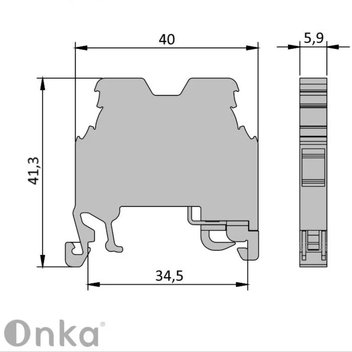 ONKA 2,5mm2 PE Šroubová kolejnicová spojka svorkovnice terminál na DIN lištu 2-vodičová šedá, 1010219