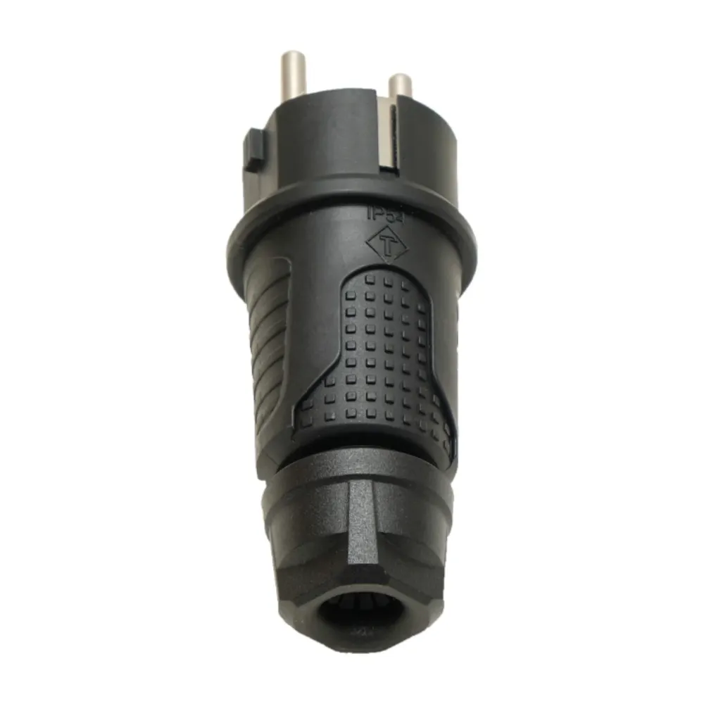 Černá gumová zástrčka IP54, 250v 16a na kabel, Uni-Schuko (dvojité uzemnění), 2P+E, REF, Bylion