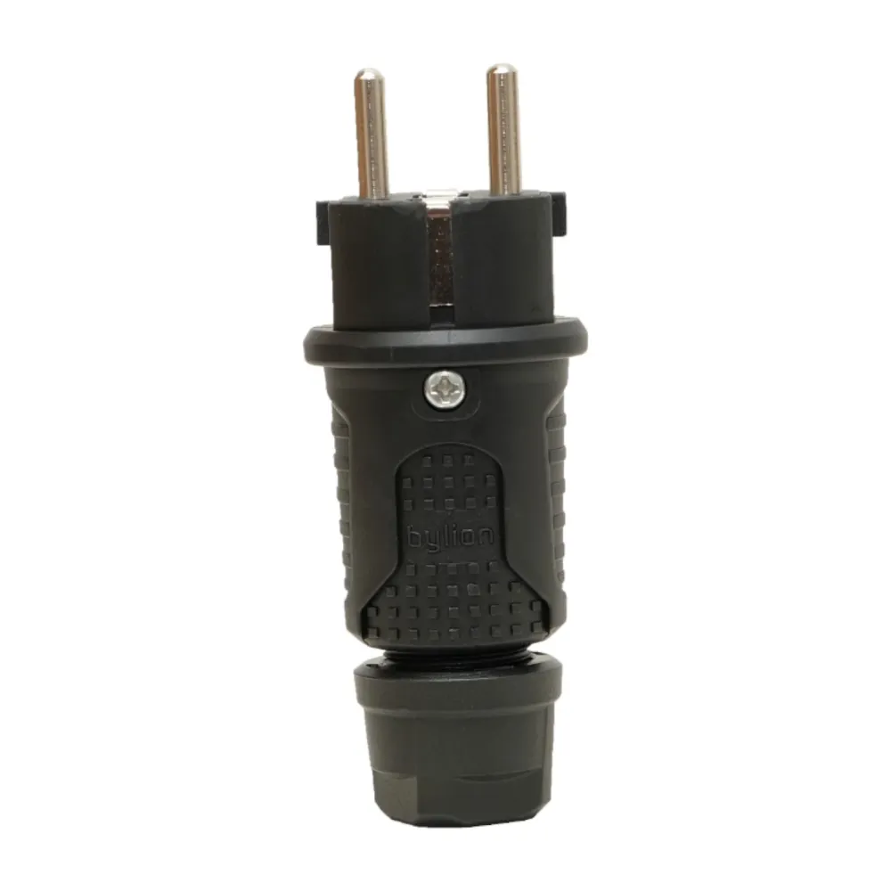 Černá gumová zástrčka IP54, 250v 16a na kabel, Uni-Schuko (dvojité uzemnění), 2P+E, REF, Bylion