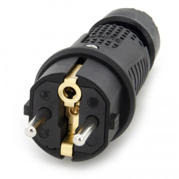 Černá gumová zástrčka IP54, 250v 16a na kabel, Uni-Schuko (dvojité uzemnění), 2P+E, REF, Bylion