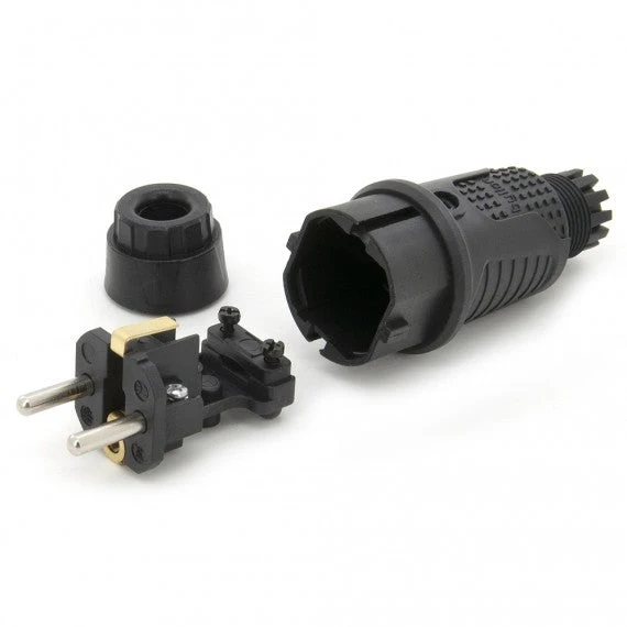 Černá gumová zástrčka IP54, 250v 16a na kabel, Uni-Schuko (dvojité uzemnění), 2P+E, REF, Bylion