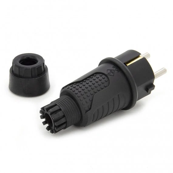 Černá gumová zástrčka IP54, 250v 16a na kabel, Uni-Schuko (dvojité uzemnění), 2P+E, REF, Bylion
