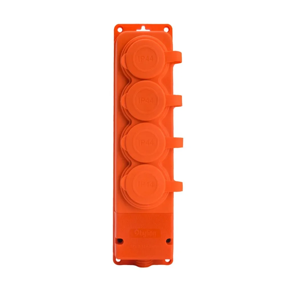 4x gumová zásuvka "gumová" oranžová s víkem hermetický IP44 250V, 16A, 2P+Z, francouzský typ E,4KMP-E-O, Bylion