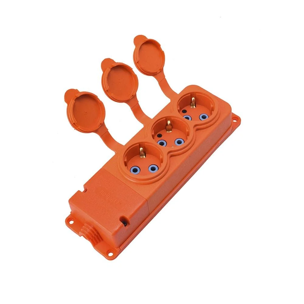 Trojitá "gumová" oranžová zásuvka s víkem hermetický IP44 250V, 16A, SCHUKO 2P+Z, 3KMP-F-O, Bylion